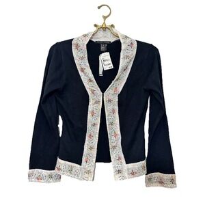 Bette Sung Women's Lightweight Designer Cardigan Sz M Black Beaded  Collar NEW‎